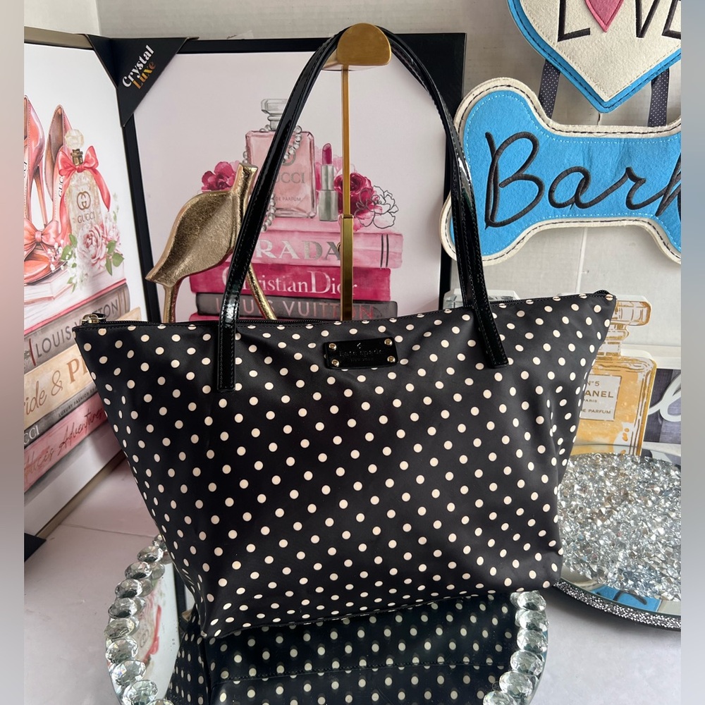 Kate Spade Black With White Polka Dots nylon and leather tote bag
